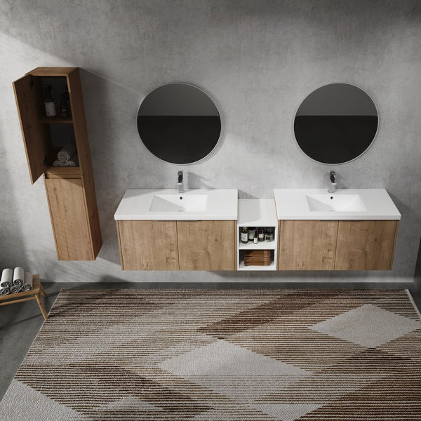 English Elm 84" Wall-Mounted Bathroom Vanity Set With Soft-Close Doors, Dual Sinks & Abundant Storage Space W999S00233