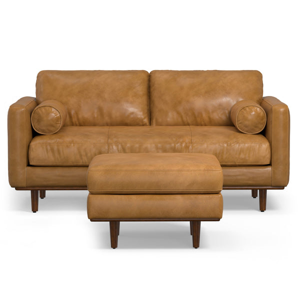 English Elm Morrison 72-inch Sofa and Ottoman Set in Sienna Kind Leather — Mid-Century Modern, Plush 2-Piece B136P199228