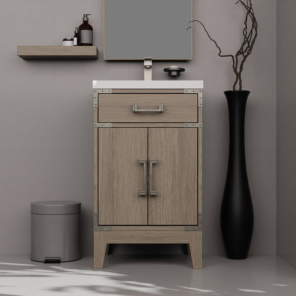 English Elm Grey Oak Single Bath Vanity Set With Acrylic Countertop & Mirror - Ideal For Small Spaces! B2731S01450
