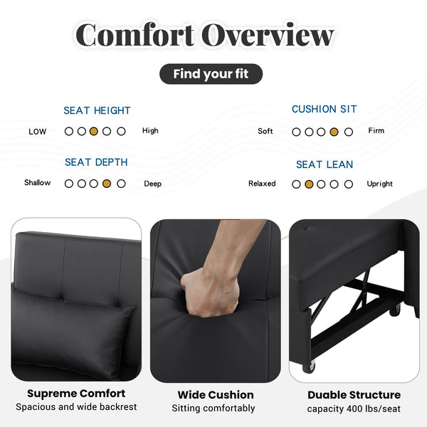 English Elm Orisfur. Convertible Sleeper Bed Loveseat with 3 USB Ports, PU Leather, Compact Design for Small Spaces Black N719S001700B