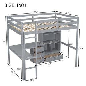 English Elm Full Size Loft Bed With Desk, Storage Solutions, Built-In Ladder & Guardrails For Safe Use In Grey W504S00160