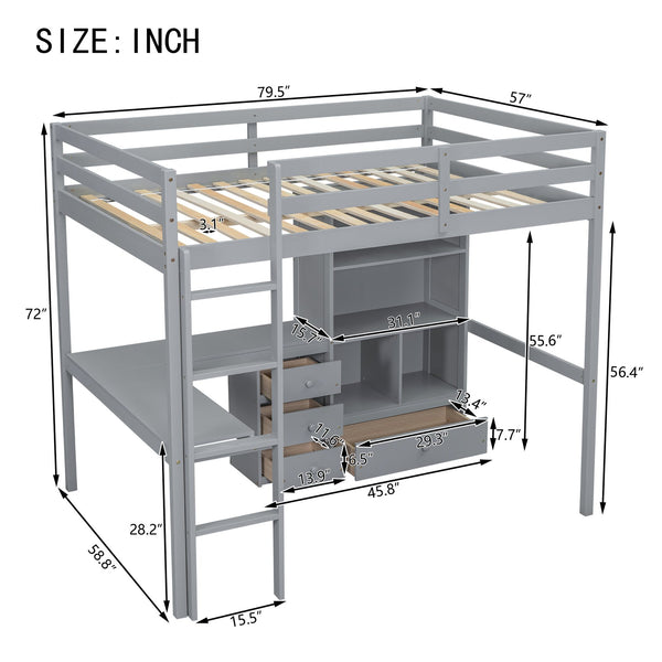 English Elm Full Size Loft Bed With Desk, Storage Solutions, Built-In Ladder & Guardrails For Safe Use In Grey W504S00160