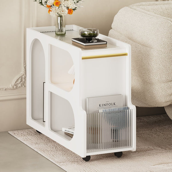 English Elm ON-TREND Mobile End Table with Locking Wheels, Fluted Tempered Glass Top, Gold Rod Accent, Sleek Storage Design White N721P179241K