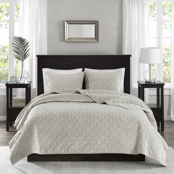 English Elm 3 Piece Velvet Harper Quilt Set Ivory Full/Queen - Soft Geometric Quilted Velvet, Antimicrobial, Luxurious Layering B03597469
