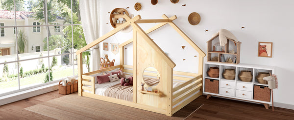 English Elm Full House Floor Bed with Roof Window and Shelf – Solid Pine Kids Loft-Style Low Bed, Durable Design Natural W1580P362703