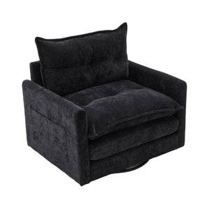 English Elm UNITED Swivel Barrel Chair with Chenille Upholstery, 360° Smooth Rotation, Padded Arm Comfort and Side Pockets for Living Room Relaxation Black W1568P290088
