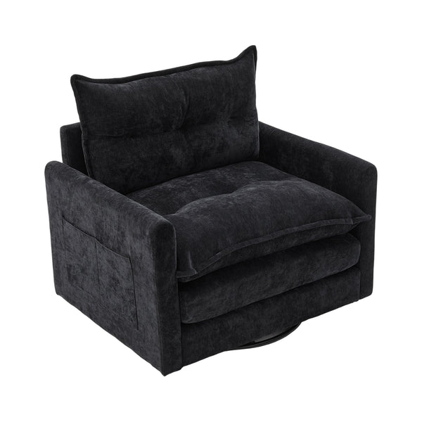 English Elm UNITED Swivel Barrel Chair with Chenille Upholstery, 360° Smooth Rotation, Padded Arm Comfort and Side Pockets for Living Room Relaxation Black W1568P290088