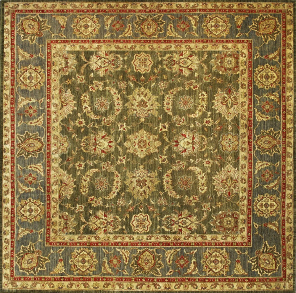 Pasargad Home Denver Collection Hand-knotted Green Lamb's Wool Area Rug - Elegant Floral Design 9'10"   Phr-920 10x10
