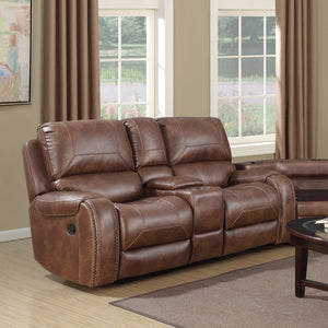 English Elm Achern Brown Leather-Air Nailhead Manual Reclining Loveseat With Storage Console