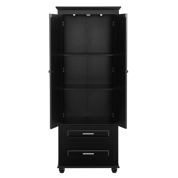 English Elm Tall Slim Storage Cabinet with Adjustable Shelves, 2 Drawers & Doors, Anti-Tip Design for Bathroom Black WF299284AAB