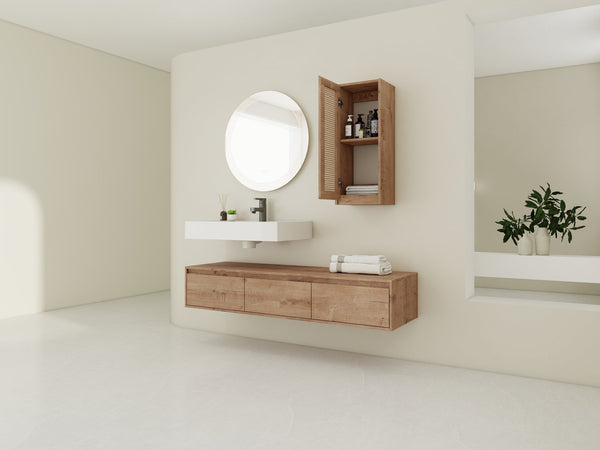 English Elm 60 Inch Wall-Mounted Bathroom Vanity Set With Resin Sink, Soft-Close Drawers & Side Cabinet Storage W999S00357