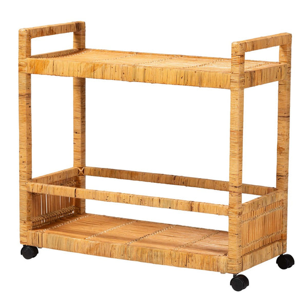 English Elm Modern Rattan Two-tier Rolling Kitchen Cart with Woven Texture and Bohemian Flair B2750P467706