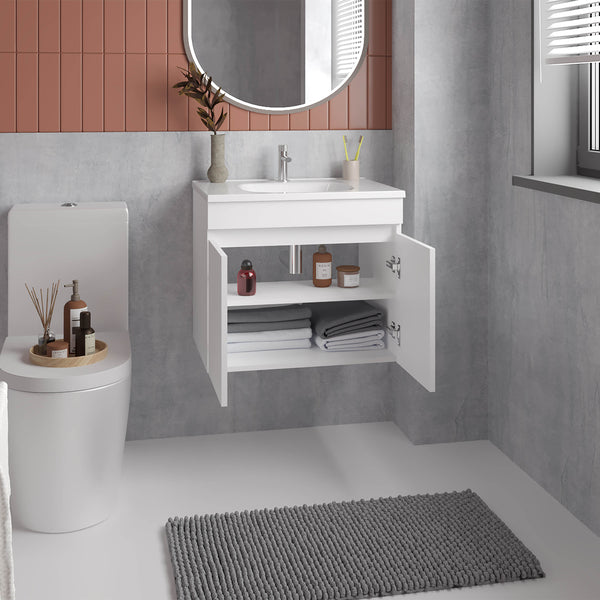 English Elm Chaux Floating Wide Double-Door Vanity 23.2" with Glossy Resin Sink & Two Shelves, Space-Saving White B070P337122