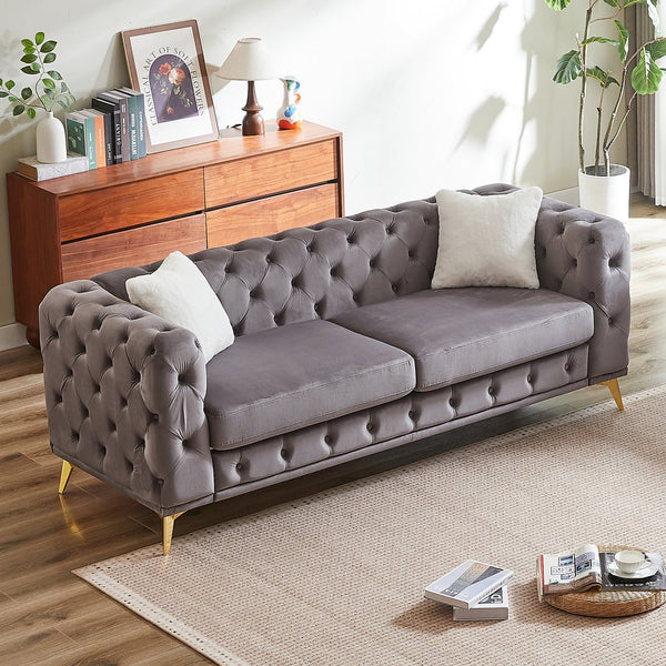 English Elm FX Velvet Chesterfield Sofa 82.5" Deluxe Tufted Design with 2 Pillows, Metal Legs, 750lb Capacity Grey W1926S00071