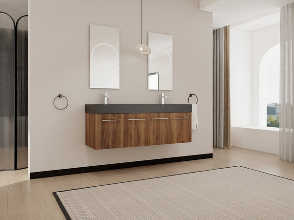 English Elm 60 Inch Wall-Mounted Bathroom Vanity With Double Black Resin Sink For Modern Elegance & Functionality W999S00251