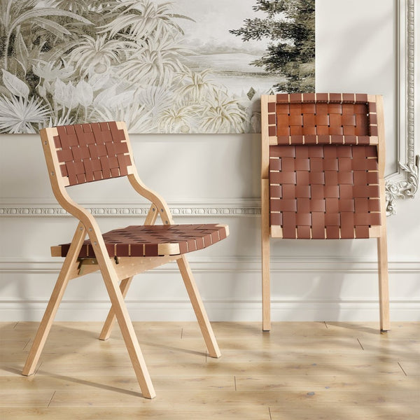 English Elm Wood Folding Dining Chairs with Rattan Woven Seat and Webbing Back Set of 2 Brown,Natural T3623P431376
