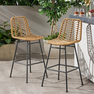 English Elm Christopher Knight Home® - Sawtelle Hand-Wrapped Faux Rattan Barstools Set of 2 — Metal Frame, Modern Minimal Outdoor Chic Light Brown 65481.00LBRN