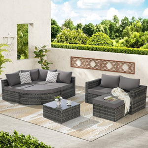 English Elm 8 Piece Outdoor Wicker Sectional Set with Curved Sofa Ottoman and Tempered Glass Table Dark Gray W874S00040