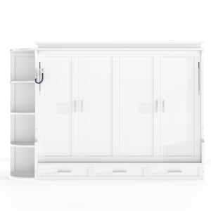 English Elm Queen Murphy Wall Bed with Side Cabinets Open Shelving and Drawers for Studio Rooms White W1580S00452