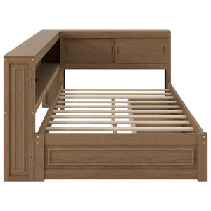 English Elm Full Pine Platform Daybed with Led Lighting Usb Charging Headboard Shelf and Drawers Wood N7090004032D