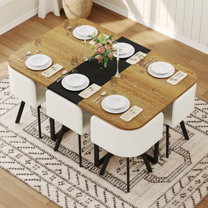 English Elm 7-piece Rectangular Dining Set Seats 6 with Faux Leather Chairs and Melamine Top Black,White,Wood W3875S00111