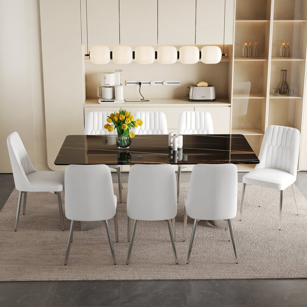 English Elm Table Set With 8 Modern White Pu Chairs - Sleek Imitation Marble Top & Durable Stainless Steel Legs W1151S04189-GIGA