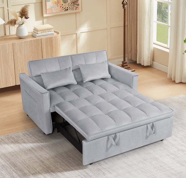 English Elm 54inch Flannel Sleeper Sofa with Double Armrests and Pouch, Adjustable Backrest Converts to Bed Silver grey W1410P251903