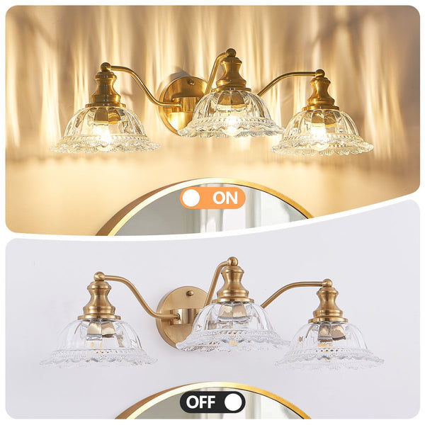English Elm 24 Vintage 3-Light Bathroom Wall Sconce with Iron and Glass Shades - Elegant Vanity Fixture for Mirror Gold W1340P284603