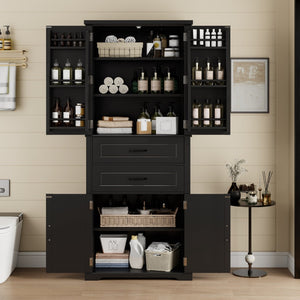 English Elm [video] Floor to Ceiling Matte Storage Cabinet with Drawers Shelves and Adjustable Interior Black N759P407762B