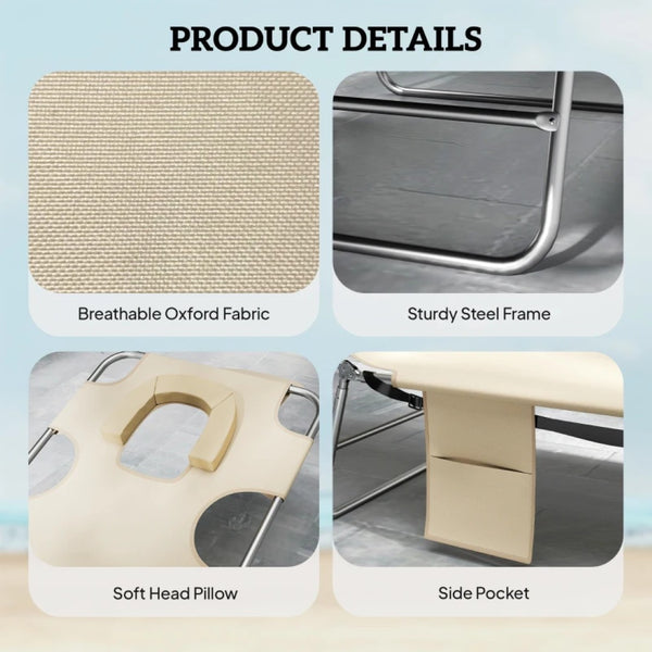 English Elm Handy Tri-fold Outdoor Lounger with Face Cavity Steel Frame Oxford Fabric Tanning Bed Beige T3971P481332