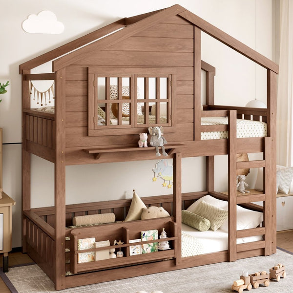 English Elm Full Bunk Bed with Trundle Bookshelf Storage Pine Frame Car Design for Kids W1580S00521
