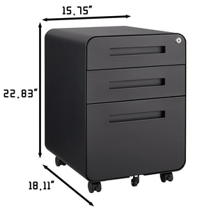 English Elm Black Rolling Steel File Cabinet Three Drawers Locking Under Desk Office Storage W124782438