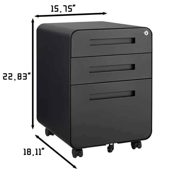 English Elm Black Rolling Steel File Cabinet Three Drawers Locking Under Desk Office Storage W124782438