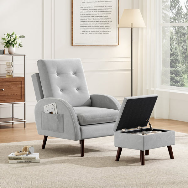 English Elm Upholstered Velvet Accent Chair and Ottoman with Storage, Tufted Design, 6-Level Adjustable Backrest Light Gray T3623P411378