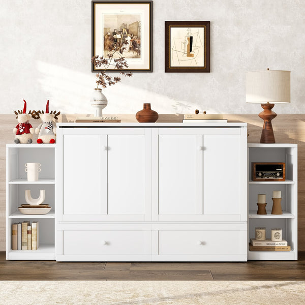 English Elm Full-Size Murphy Bed With Stylish Storage Drawers & Shelves – Perfect For Compact Spaces & Guests! W1580S00251