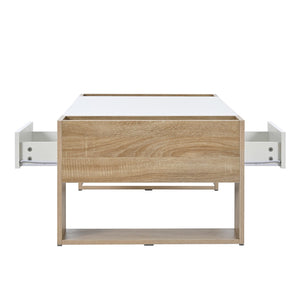 English Elm ON-TREND High Gloss Coffee Table with 2 Drawers, Hidden Compartment, Open Shelf, Modern Luxury Finish White+Natural N721P205792K