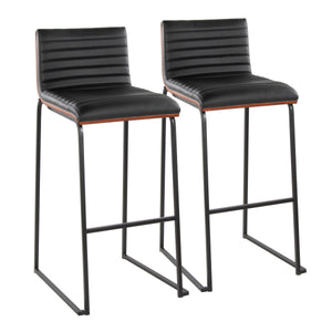English Elm Mason 30" Contemporary Barstool Set Of 2 In Black Metal & Walnut Wood With Faux Leather Comfort B202P222248