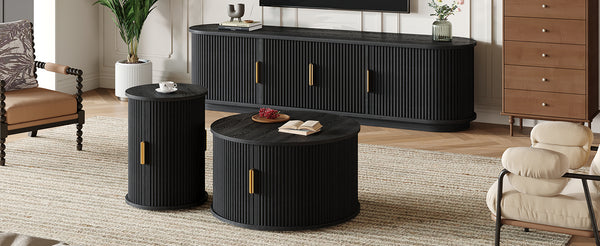 English Elm [Assembly Wooden TV Stand & Coffee Table Set with Fluted Sliding Doors, Golden Handles, Cable Management, Farmhouse Appeal Black N721S000053B