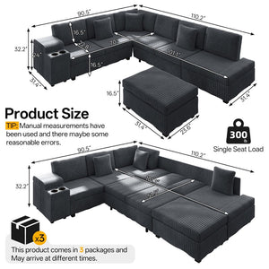 English Elm 110.2" Corduroy Sectional Sleeper Sofa with Ottoman Usb Ports Storage Armrests Living Room Dark Gray W3219S00012