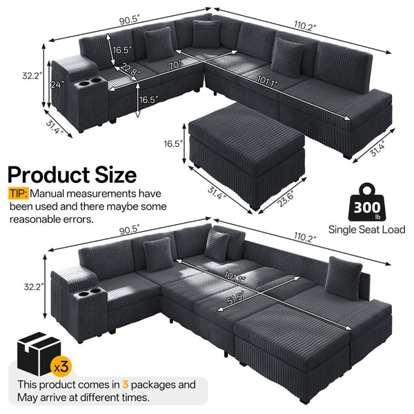 English Elm 110.2" Corduroy Sectional Sleeper Sofa with Ottoman Usb Ports Storage Armrests Living Room Dark Gray W3219S00012