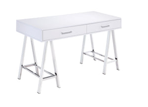 English Elm White High Gloss Writing Desk with USB Port, Chrome Metal Base, 2 Drawers for Organized Modern Workspaces B062P209205