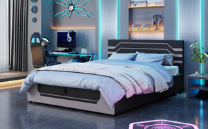 English Elm Modern Cyberpunk Queen Platform Bed Hydraulic Storage Pu Upholstered Gaming Frame Black+ Gray SF000205AAE