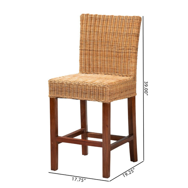 English Elm Modern Woven Rattan Mahogany Wood Counter Stool Bohemian Kitchen Seating B2750P470072