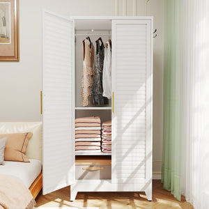 English Elm White Steel Freestanding Wardrobe Cabinet with Rod and Shelves for Dorm or Apartment T2398P480394