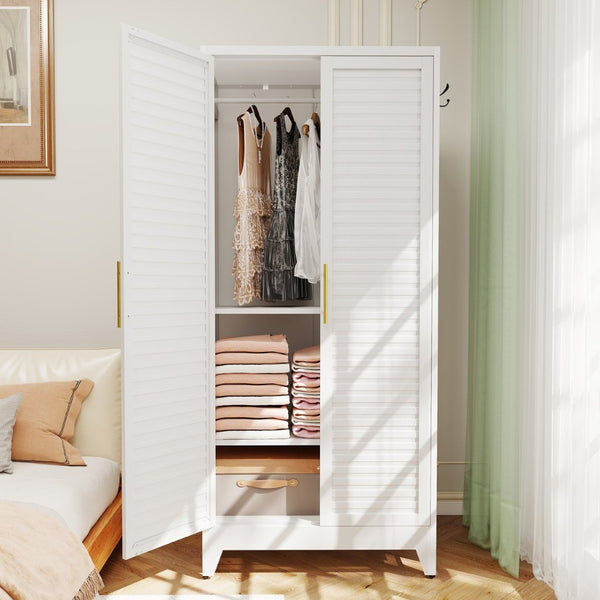 English Elm White Steel Freestanding Wardrobe Cabinet with Rod and Shelves for Dorm or Apartment T2398P480394