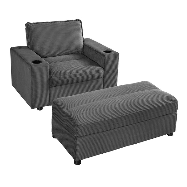 English Elm Christopher Knight Home® - 42.8" Oversized Chaise Lounge with Storage Ottoman, Corduroy Upholstery, USB Port & Cup Holders for Cozy Living Space Grey N765P350851G