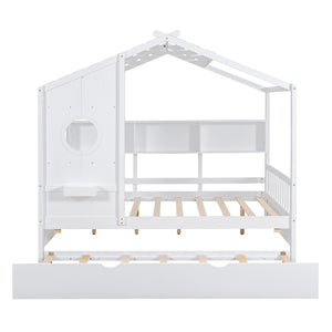 English Elm Wooden Full Size House Bed with Trundle and Built-In Shelves — Modern Pine Frame, Whimsical Roof Design White 57.2 L x 16.25 W x 5.9 H N733S316125K