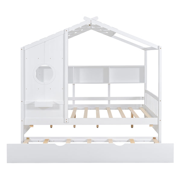 English Elm Wooden Full Size House Bed with Trundle and Built-In Shelves — Modern Pine Frame, Whimsical Roof Design White 57.2 L x 16.25 W x 5.9 H N733S316125K