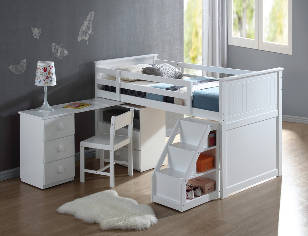English Elm Wyatt Twin Loft Bed Set with Swivel Desk, 2-Drawer Chest & Storage Ladder in Sleek White Finish B2726S00223