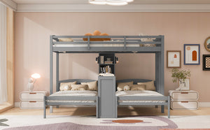 English Elm Twin Triple Bunk Bed with Built in Desk Open Shelving and Led Task Lighting Gray N7090002243E